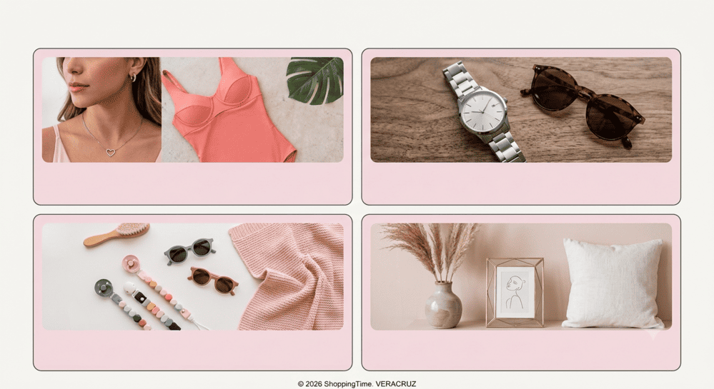 Collage de traje de baño-reloj y hogar shopping time